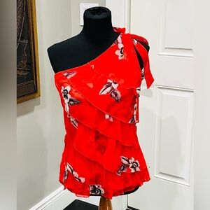 White House Black Market Red Floral One-Shoulder Blouse